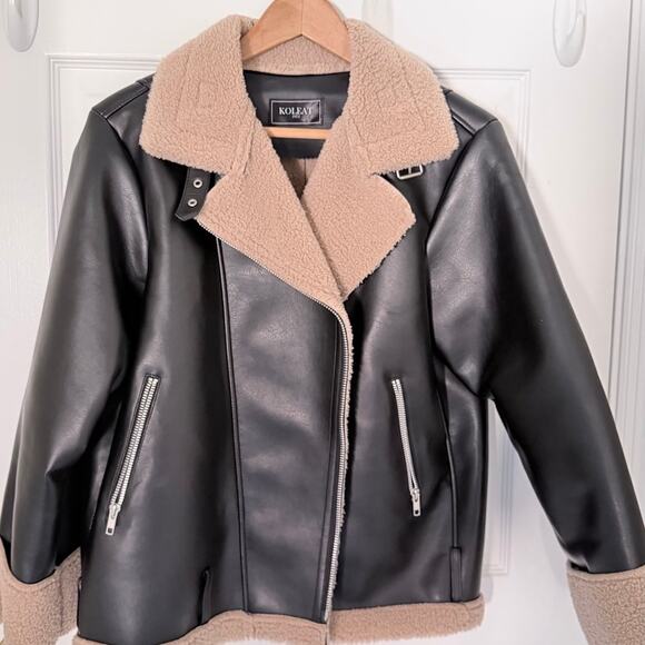 WOMENS OVERSIZED SHEARLING FLEECE JACKET BLACK_BEIGE - Picture 2 of 9